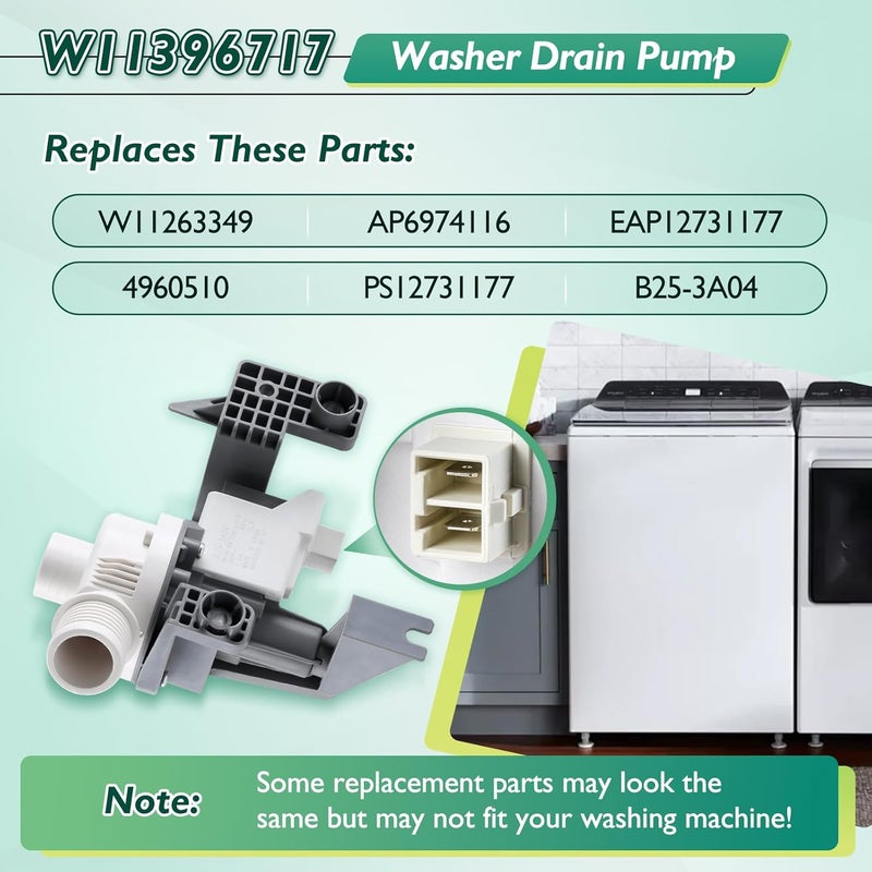 GREALTH W11396717 Washer Drain Pump Compatible with Whirlpool Maytag Kenmore, Replace W11263349 4960510 AP6974116 PS12731177 EAP12731177 B25-3A04 - Image 3